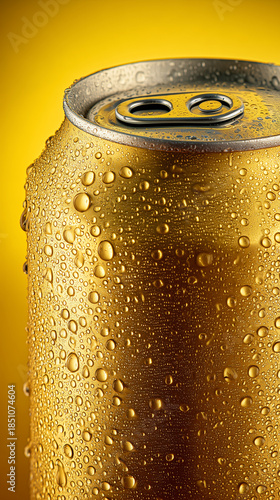 Golden Beer Can with Condensation on Warm Gold Background in Close Up View