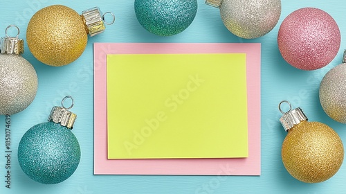 Christmas-themed flat lay featuring glittery ornament baubles (gold, teal, silver, pink) around blank yellow note on pink card, set against light blue textured background. Festive decor for wallpaper