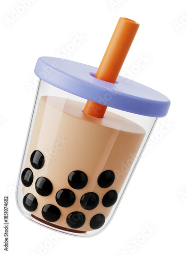 3D Illustration of a Bubble Tea Cup with Tapioca Pearls and Orange Straw