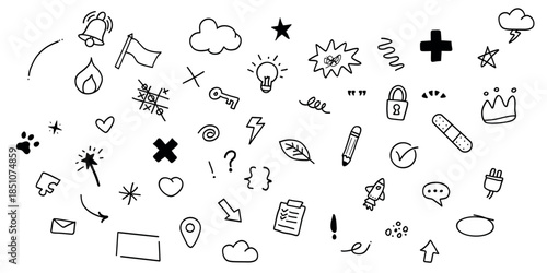 Hand Drawn Icons Set Featuring Creative Social Media Symbols and Elements. Vector icons