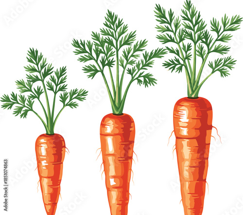 Set of carrot illustrations showing organic vegetable growth stages with vibrant orange roots and green leafy tops for gardening and healthy food design