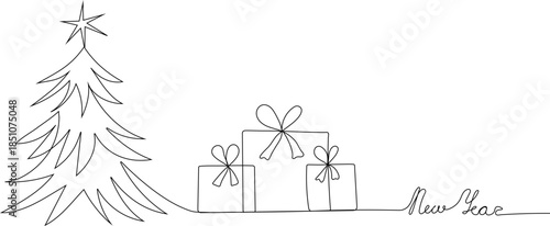 Elegant continuous line vector illustration of a New Year tree decorated with gifts and a festive greeting. This minimalist line art design combines modern simplicity with holiday warmth, making it 