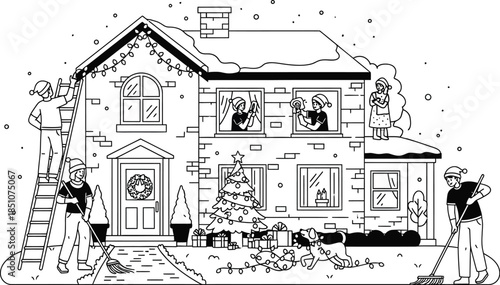 Family decorating house for Christmas with festive lights and decor