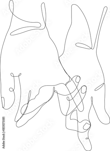 Minimalist line art vector illustration of expressive hand gestures, including holding hands, heart-shaped fingers, and intertwined pinkies with hearts. This elegant and modern artwork symbolizes love