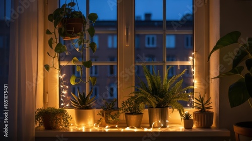 Cozy windowsill with plants & warm fairy lights — hygge apartment dusk