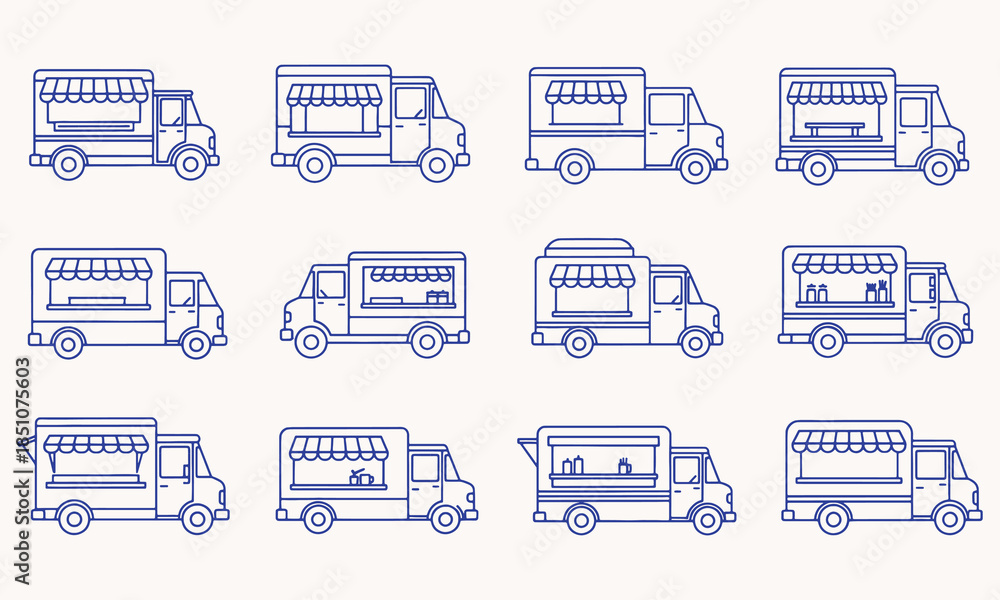 Obraz premium Twelve blue line food trucks with different setups and equipment vehicles windows