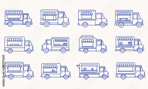 Twelve blue line food trucks with different setups and equipment vehicles windows