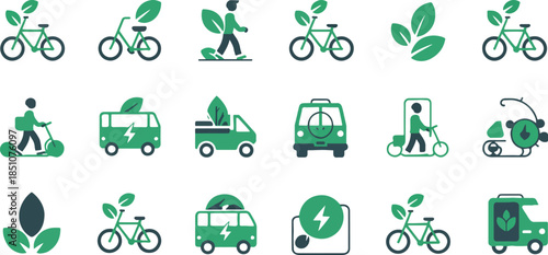Green Sustainable Transport Vector Icons Set – Eco-Friendly Transportation, EV, Bicycle, Electric Scooter, Public Transit, Flat Design