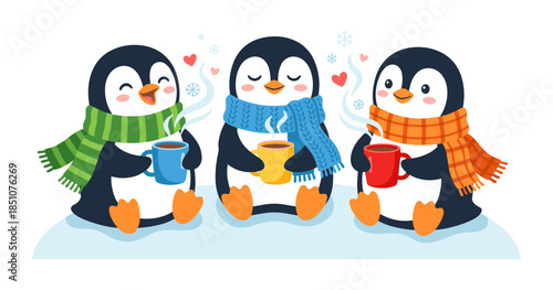 Cute penguins wearing scarves drinking hot chocolate together