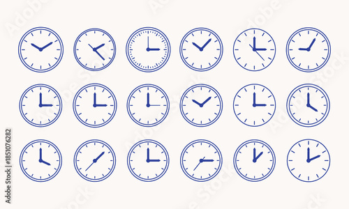 Collection of Blue Analog Clocks Showing Different Times minutes