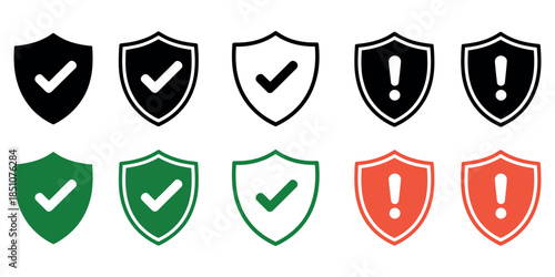 Shield and Safety Icons – Check Mark, Exclamation, and Data Protection Vector Elements