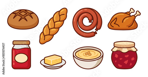 Food items collection with bread, jam and sausage