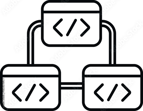 Code editor windows connecting in a hierarchical structure representing system development