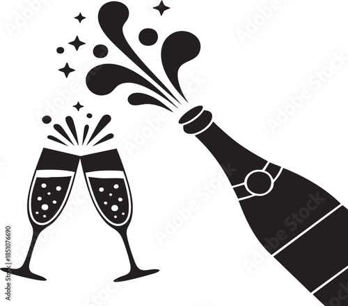 Celebratory toast illustration of champagne bottle pouring into two flutes with sparkling splatter on light background, a new year concept