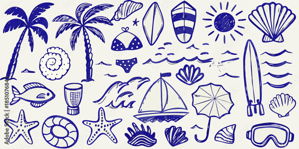 Fototapeta premium A collection of hand drawn blue summer beach themed illustrations and icons