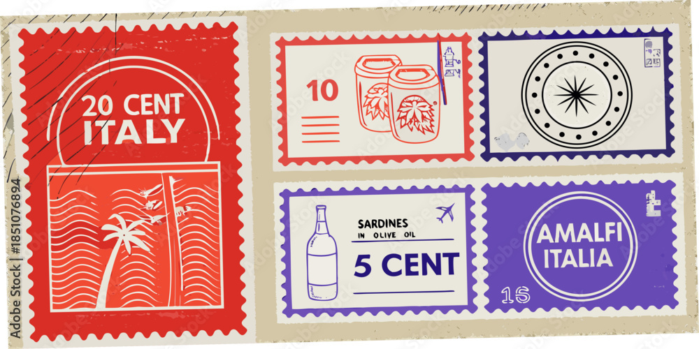 Fototapeta premium Vintage italian postage stamps featuring food currency and decorative designs