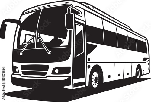 Sleek white coach bus graphic illustration in black and white for transportation designs