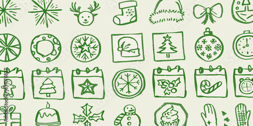 A charming collection of hand drawn green christmas icons and festive doodles