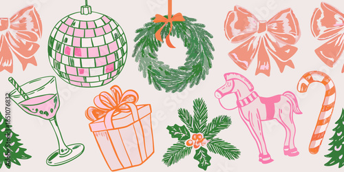 Festive holiday illustrations a playful pattern with ornaments and seasonal items