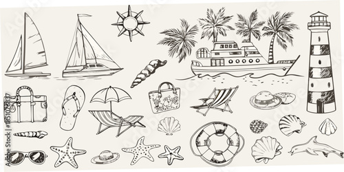 A charming sketch featuring a nautical theme with boats seashells and beach elements