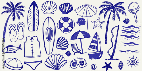 A collection of blue sketched summer elements beach items and tropical motifs
