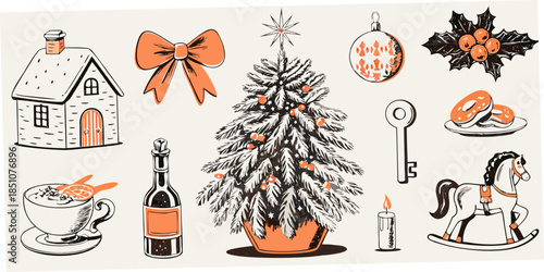 Vintage christmas illustrations featuring a tree house ornaments and festive decor