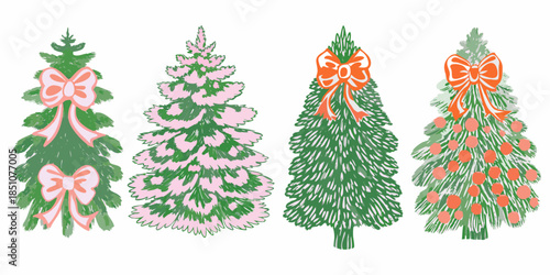 Festive christmas trees with bows a vintage style illustration