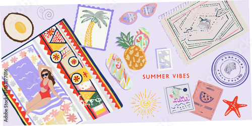 A colorful summer themed flatlay with travel elements and bright illustrations