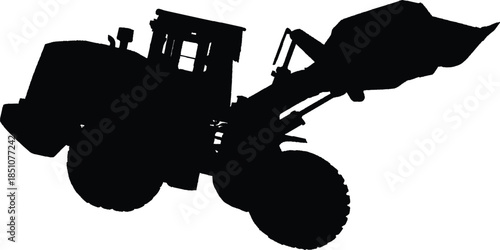 Isolated black vector illustration set featuring silhouettes of heavy construction machinery including a bulldozer, excavator, and transport truck for the industrial equipment industry