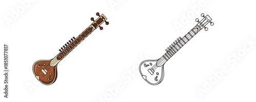 Indian sitar musical instrument in colored and line art styles in brown and white colors representing traditional music and string equipment