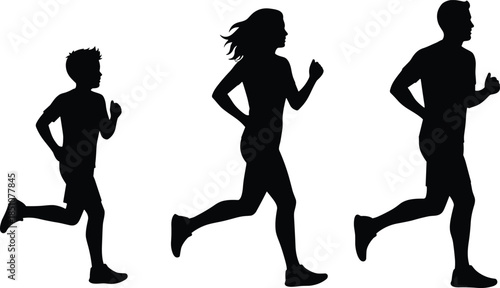 Family jogging silhouette showing father mother child running together fitness health active lifestyle isolated black white illustration concept