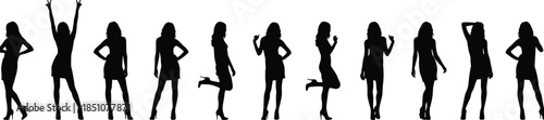 Women silhouette pose lineup showing fashion confidence lifestyle movement expression diversity empowerment isolated black white illustration design concept
