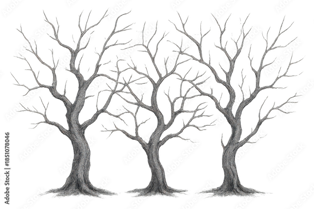 Obraz premium Bare winter trees with gnarled branches on transparent background, symbolizing death, old age, and isolation