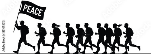 People running together silhouettes holding peace flag, protest march concept, unity freedom movement, activism, solidarity, hope, human rights, equality, justice