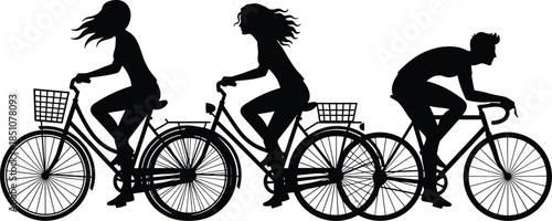 People riding bicycles silhouettes, urban cycling activity concept, healthy lifestyle, eco friendly transport, outdoor movement, freedom, fitness, recreation