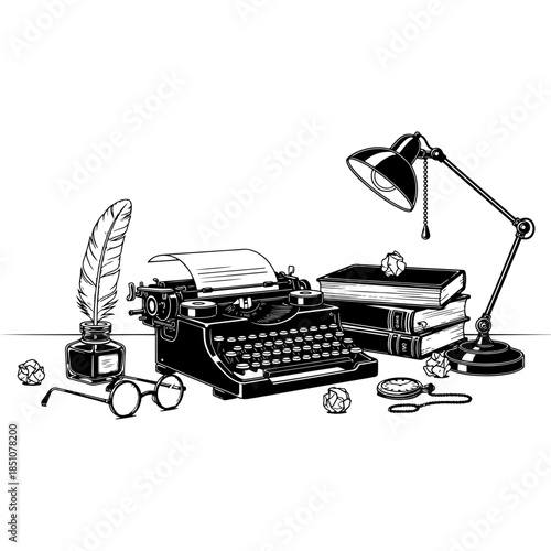 Classic writer desk setup with an antique typewriter stacks of books a desk lamp and a feather quill pen in an inkwell in a detailed black and white silhouette vector graphic illustration art.