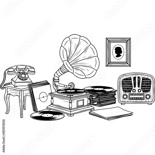 Nostalgic collection of vintage technology including a gramophone rotary telephone vinyl records and an old radio in a detailed hand drawn black and white silhouette vector illustration graphic.