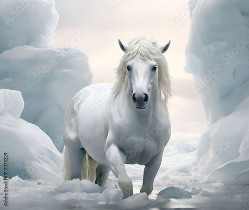 beautiful white horse running at arctic ocean with icebergs. close up. Digital artwork. Ai generated