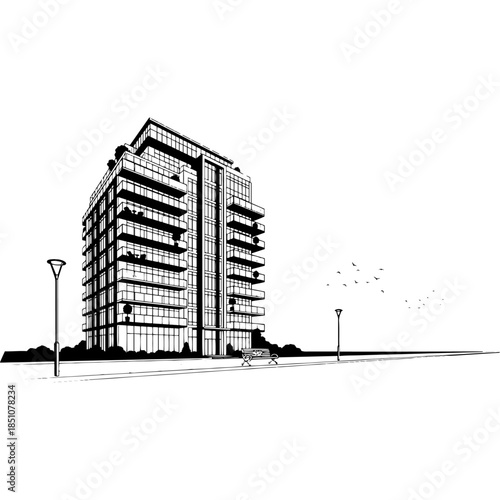 Modern architectural design of a high rise apartment building or office tower with clean minimalist lines and windows in a professional black and white silhouette vector illustration graphic.