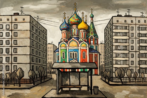 Vibrant Russian church painting contrasts with drab panel buildings, empty bus stop foreground focus, naive art style