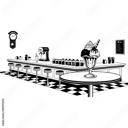 Retro American diner interior featuring a long bar with stools a tall milkshake and checkered floor tiles in a classic 1950s style black and white silhouette vector graphic illustration design.
