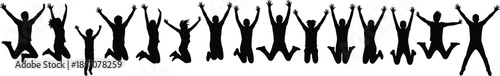 Large group of people jumping silhouettes, joyful celebration together, freedom happiness concept, success energy, teamwork, youth lifestyle
