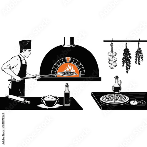 Authentic Italian pizzeria scene with a chef sliding fresh pizza into a traditional wood fired stone oven with ingredients hanging in a detailed black and white silhouette vector graphic style.
