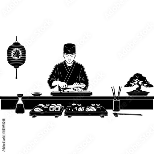 Skilled sushi chef preparing fresh rolls at a traditional Japanese restaurant counter with lanterns bonsai and chopsticks in a clean black and white silhouette vector graphic illustration art.