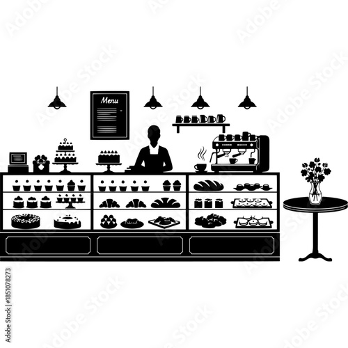 Charming bakery interior featuring a shopkeeper behind a glass display case filled with cakes pastries and bread loaves in a detailed black and white silhouette vector illustration for design.
