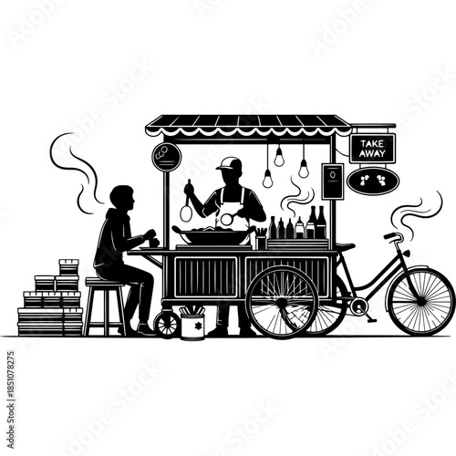 Busy street food vendor serving a customer from a mobile bicycle cart with steam rising and boxes stacked nearby in a detailed hand drawn black and white silhouette vector graphic illustration.