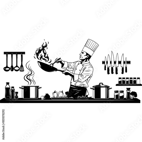 Professional restaurant chef tossing fresh food in a flaming wok inside a commercial kitchen with pots pans and cooking utensils in a detailed black and white silhouette vector line art graphics.