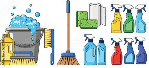 Flat Cleaning Tools and Supplies Vector Set for Household Hygiene Maintenance and Sanitation Design