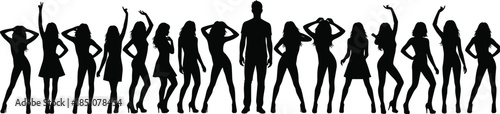 Dancing people silhouettes lineup, men and women posing together, party celebration concept, modern lifestyle, nightlife energy, freedom, teamwork