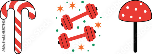 Flat Icon Set with Candy Cane Dumbbells and Mushroom in Simple Cartoon Vector Illustration Style